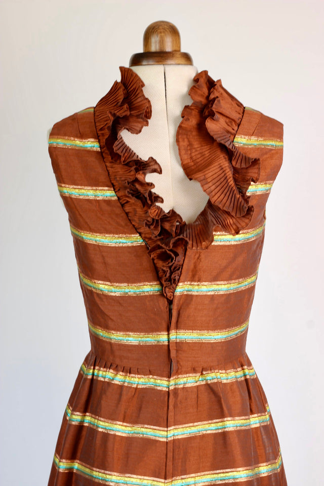 1960s Dress in Brown with Metal Threads//Made in London//Size XS