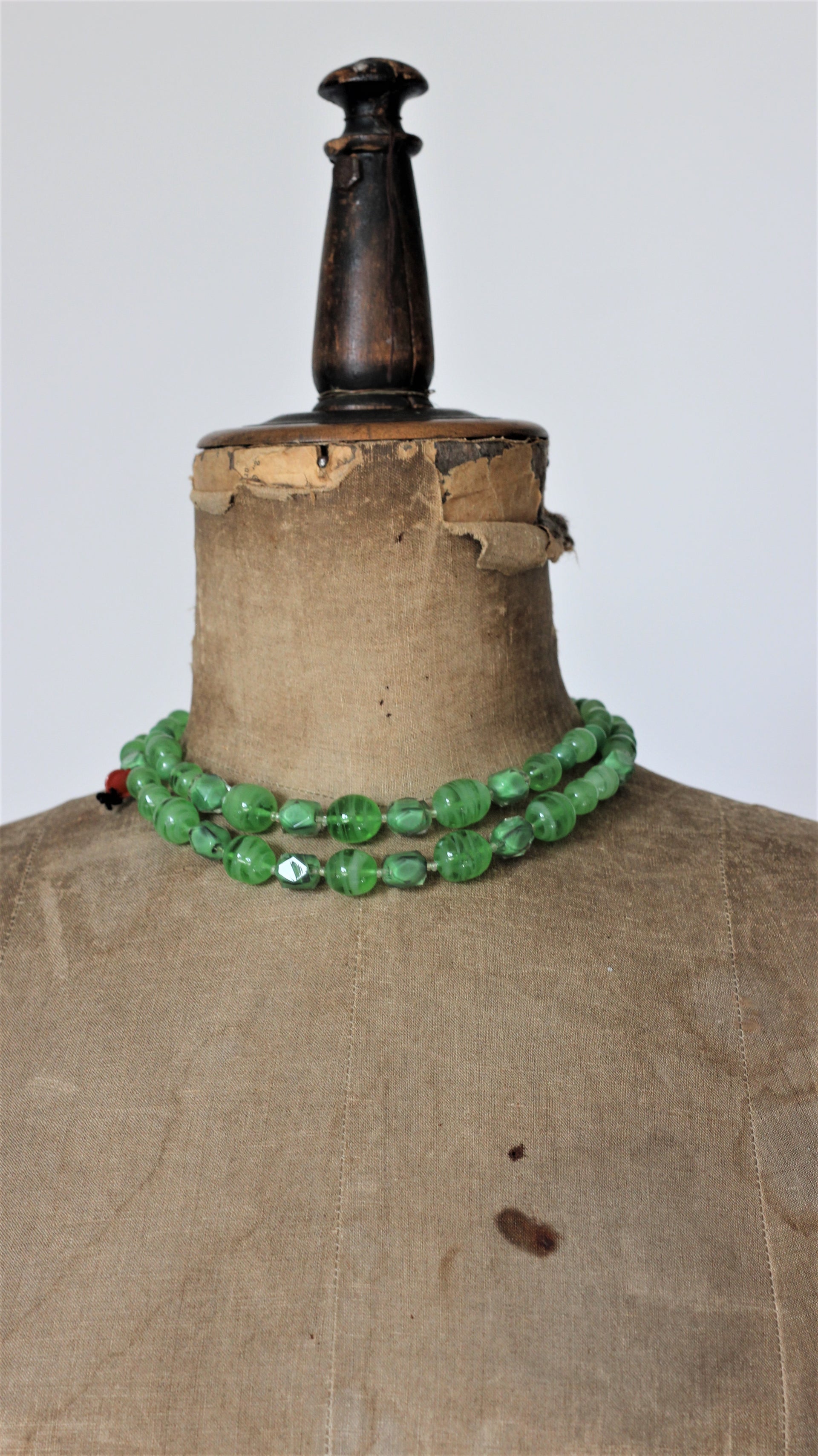 1950s Green Glass Beaded 2 Stand Necklace.