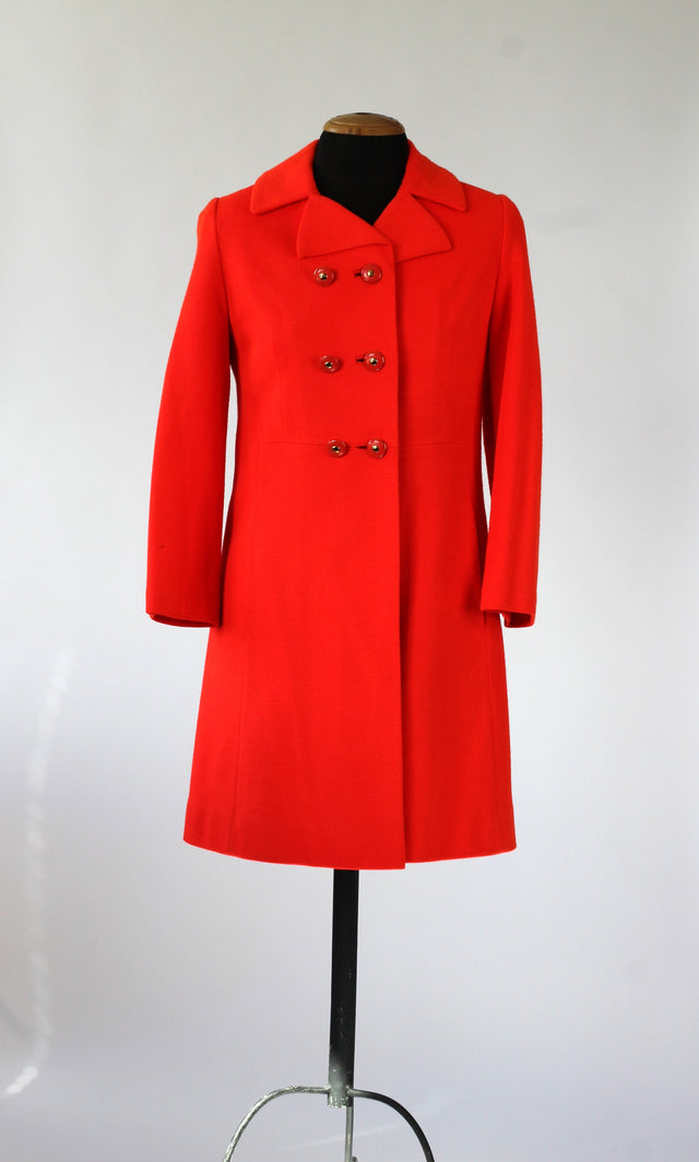 1960s Double Breasted Bright Orange/Red Mod Coat//Size S/M
