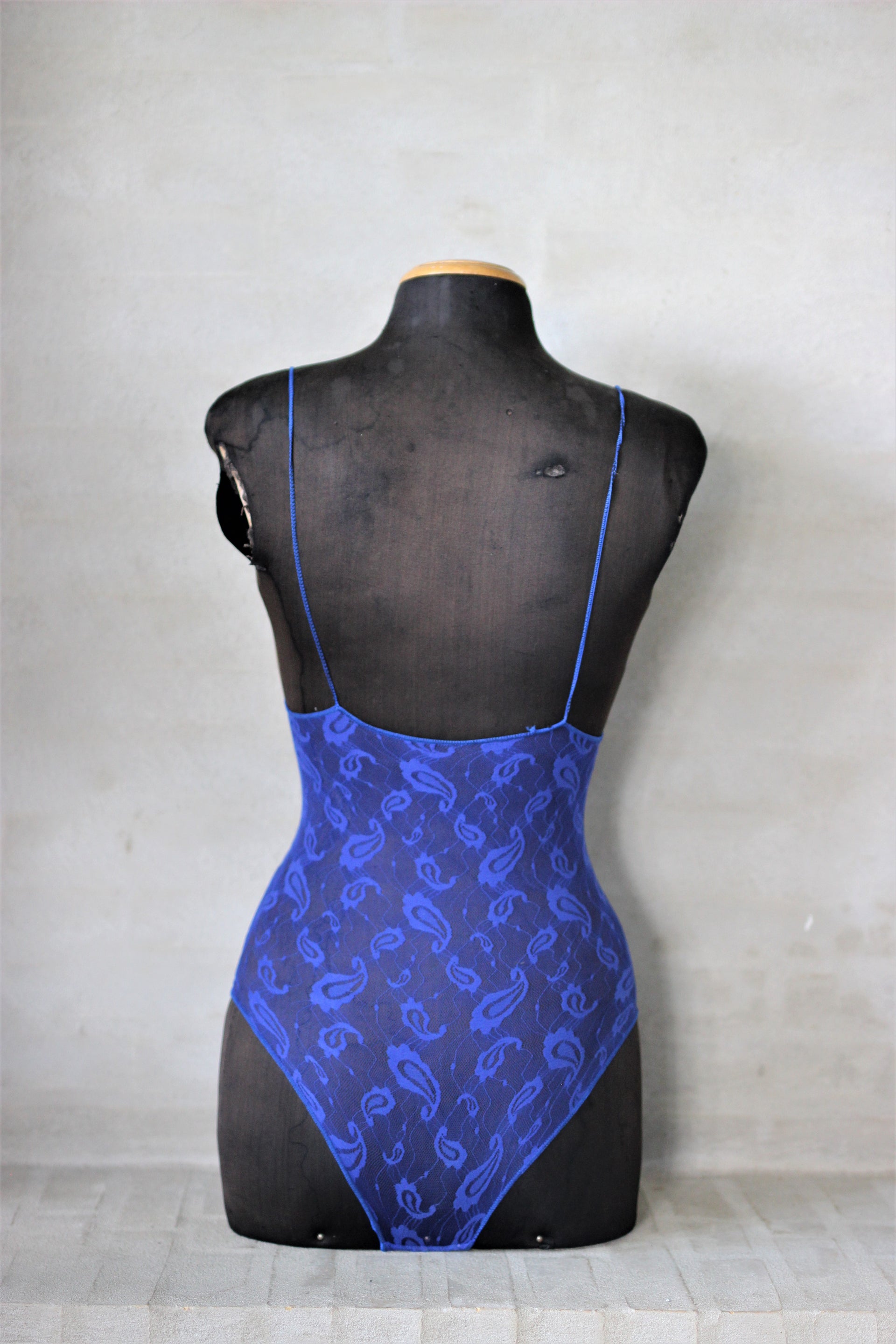 1980s Cobalt Blue Paisley Lace Bodysuit//Size XS-M
