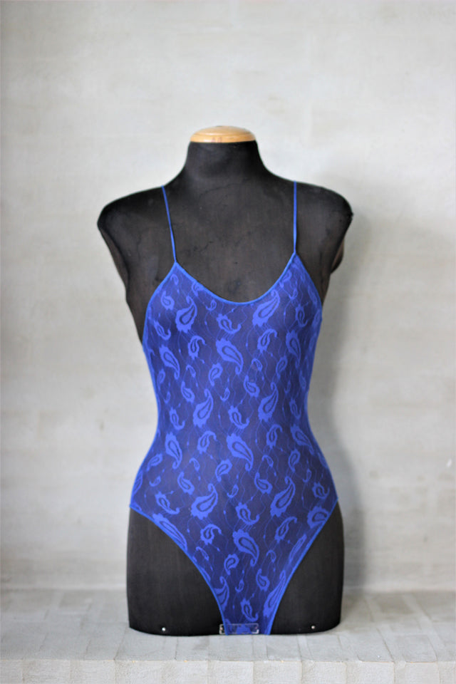1980s Cobalt Blue Paisley Lace Bodysuit//Size XS-M