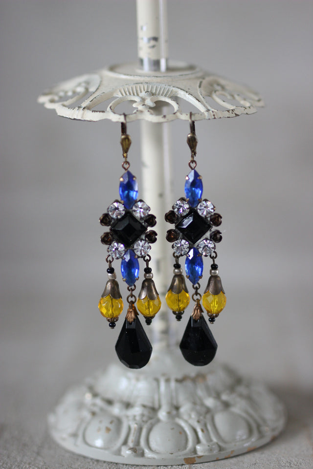 1930s Blue Czech Filigree Earrings Turquoise Cabochons Rhinestones
