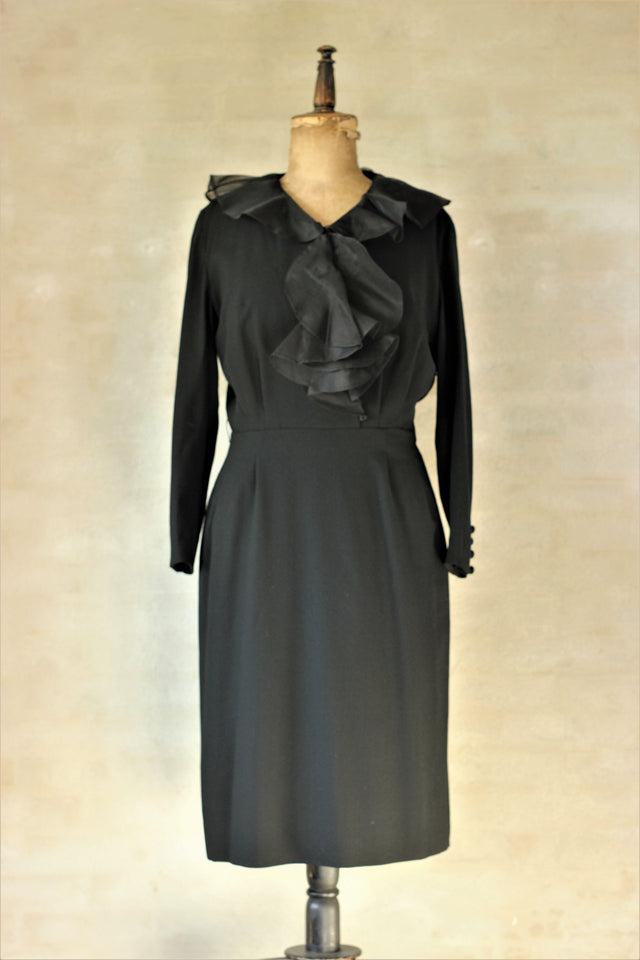 1940s 1950s Black Wool Crepe Dress//Size M/L