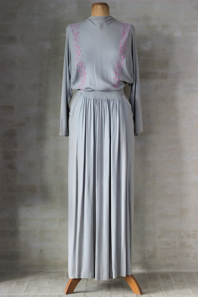 1940s Light Grey Silk Dress with Pink Beads