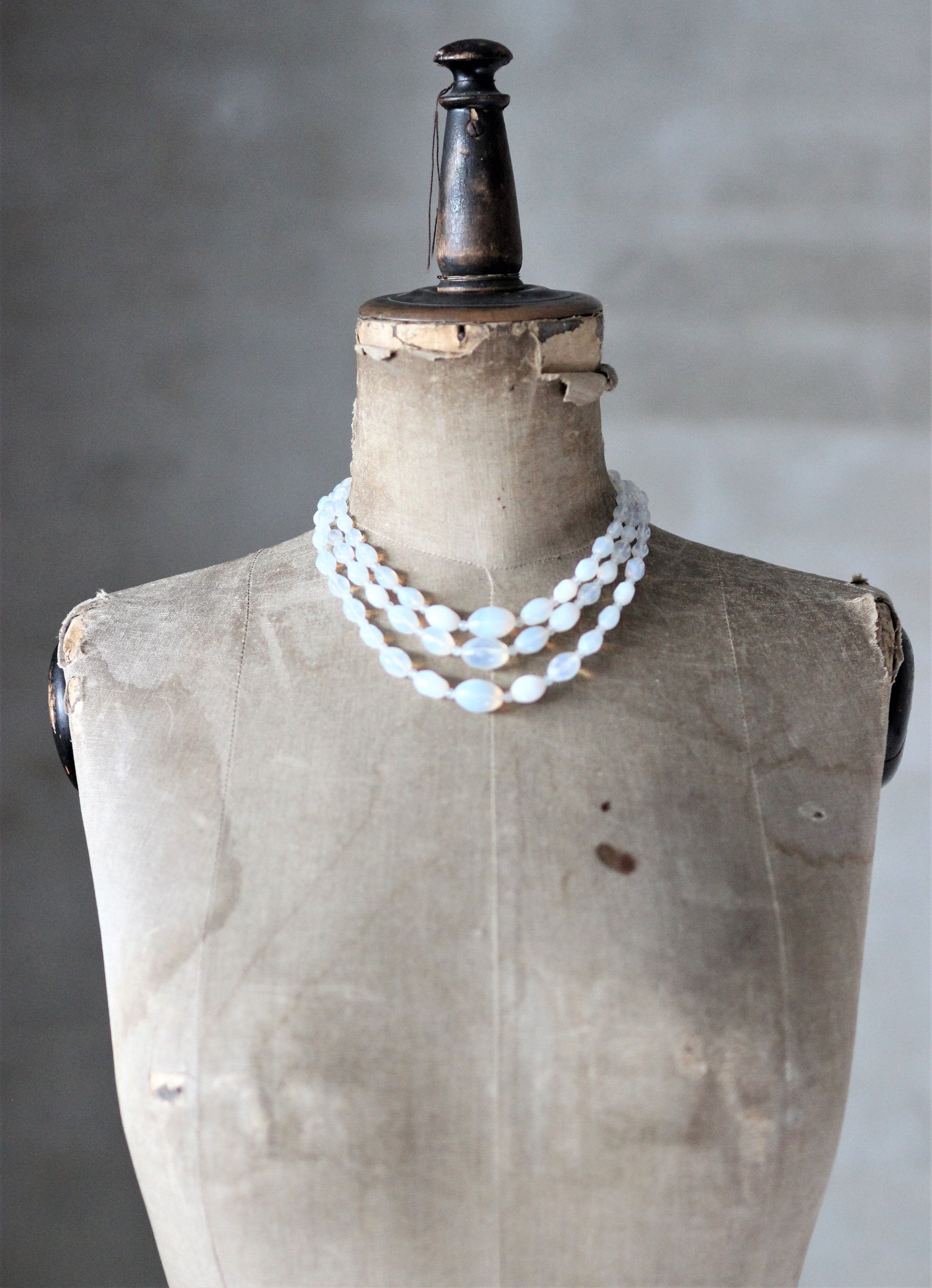 Vintage 3 Stand White Glass Beads Necklace