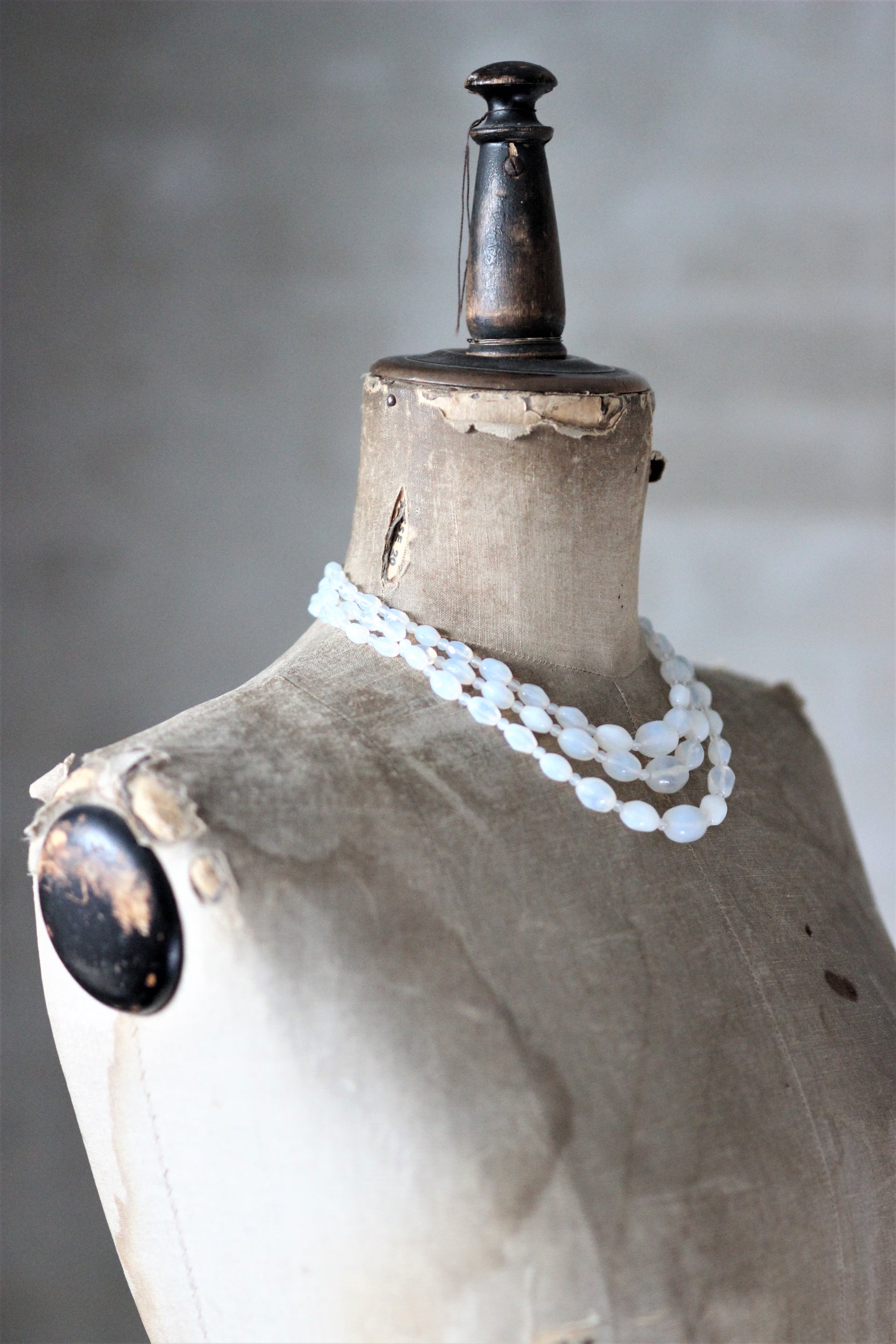Vintage 3 Stand White Glass Beads Necklace