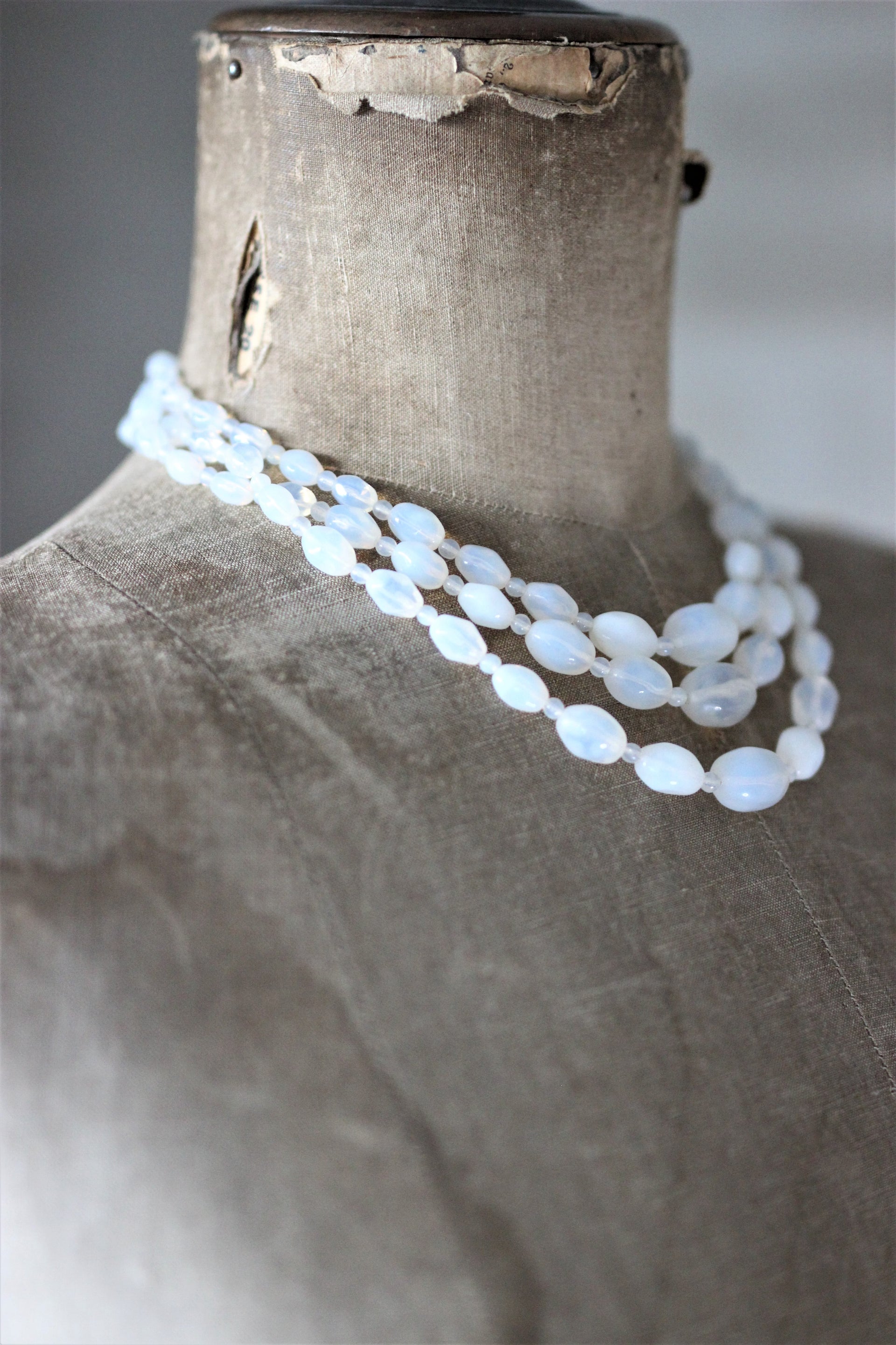 Vintage 3 Stand White Glass Beads Necklace