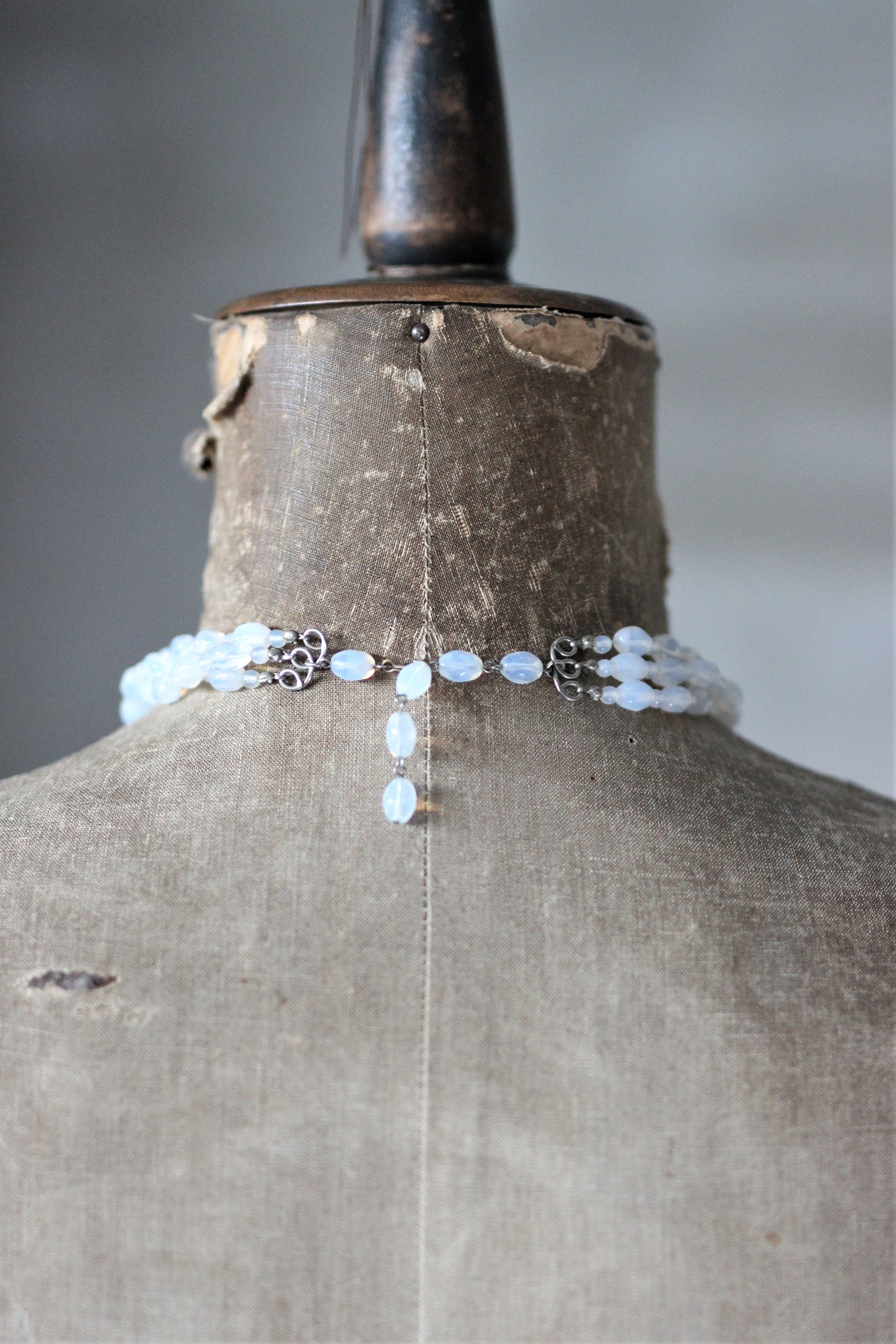 Vintage 3 Stand White Glass Beads Necklace