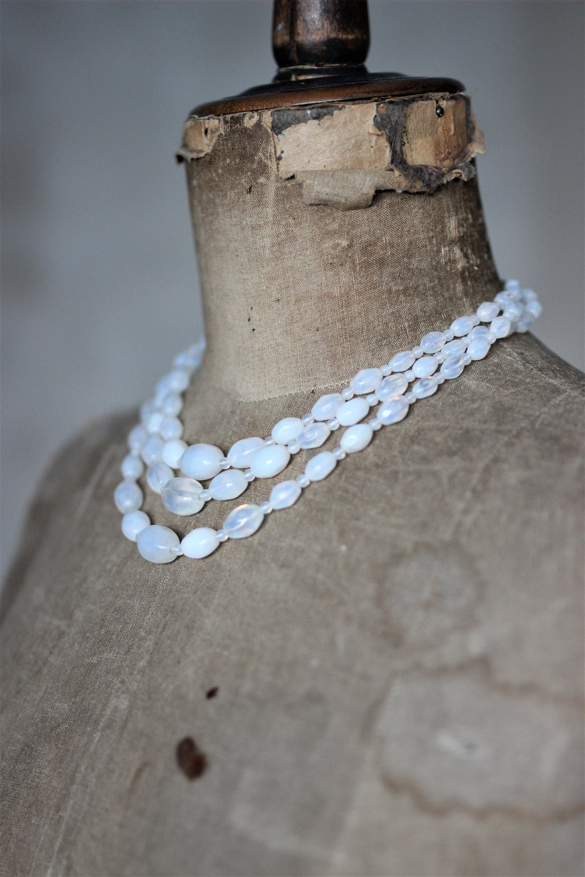 Vintage 3 Stand White Glass Beads Necklace