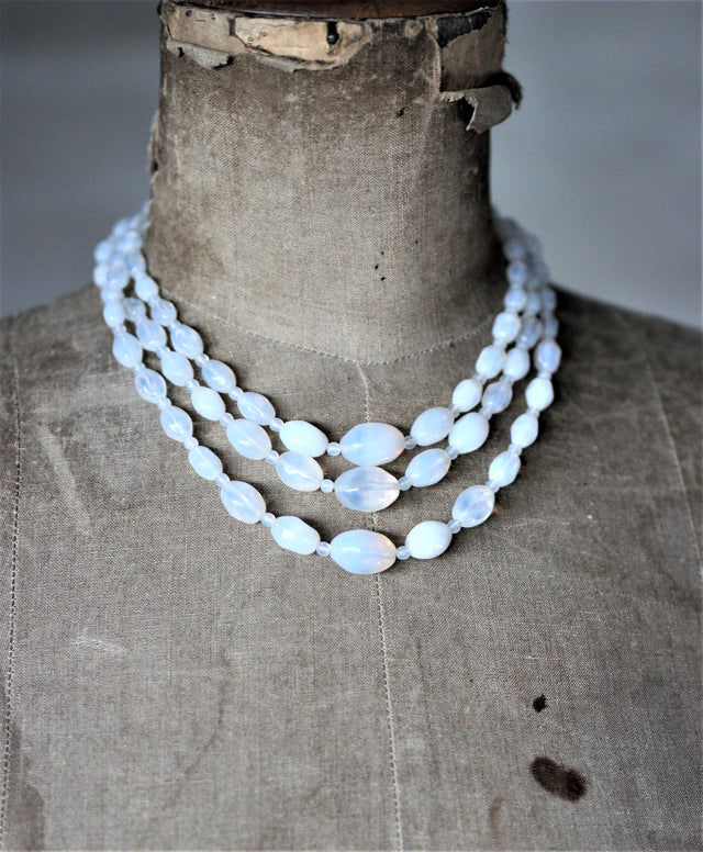 Vintage 3 Stand White Glass Beads Necklace
