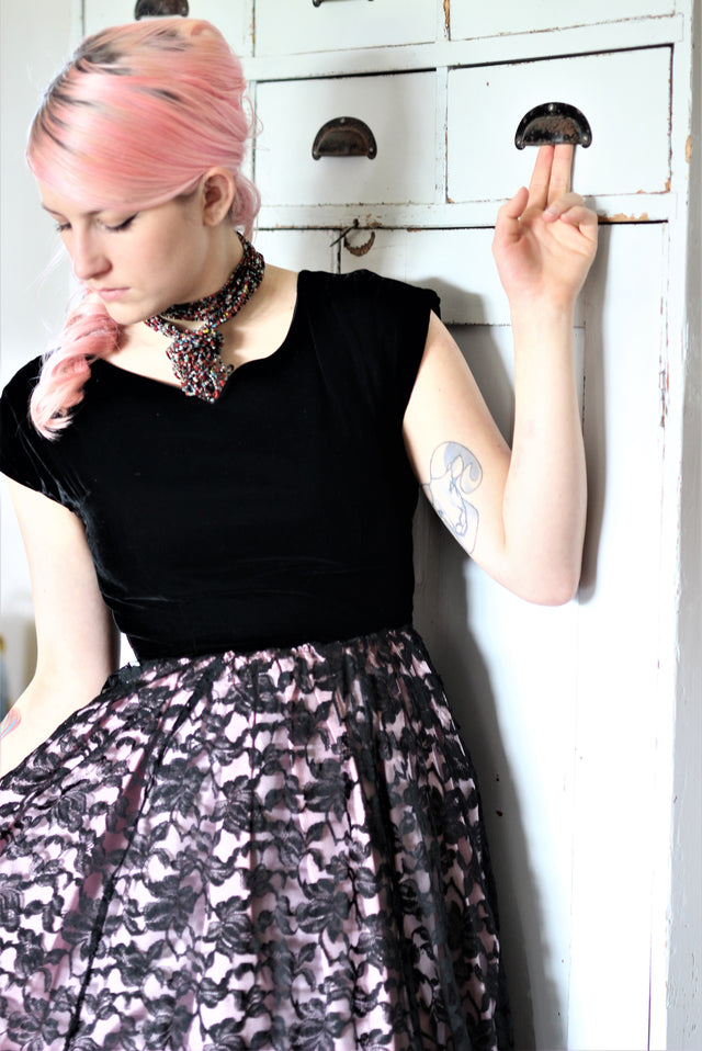 1950s Black Lace and Pink Satin Cocktail Dress //Size S/M
