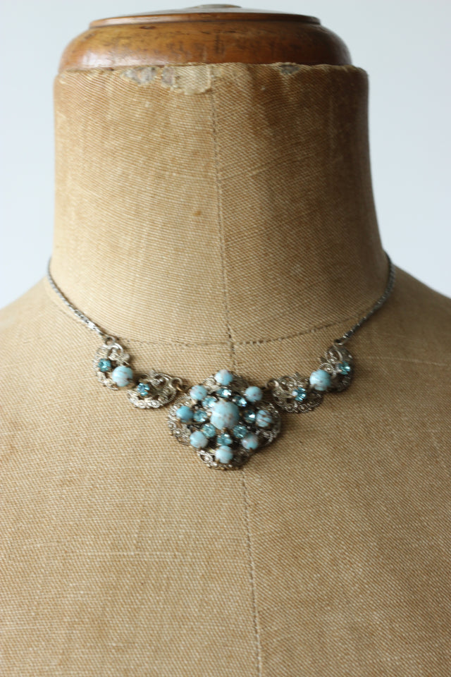 1930s - 1940s Turquoise Blue Glass and Rhinestone Filigree Necklace