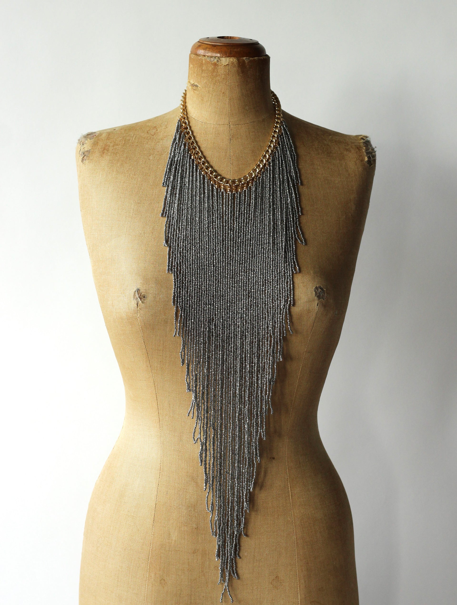 Long Necklace with Silver Glass Beads.