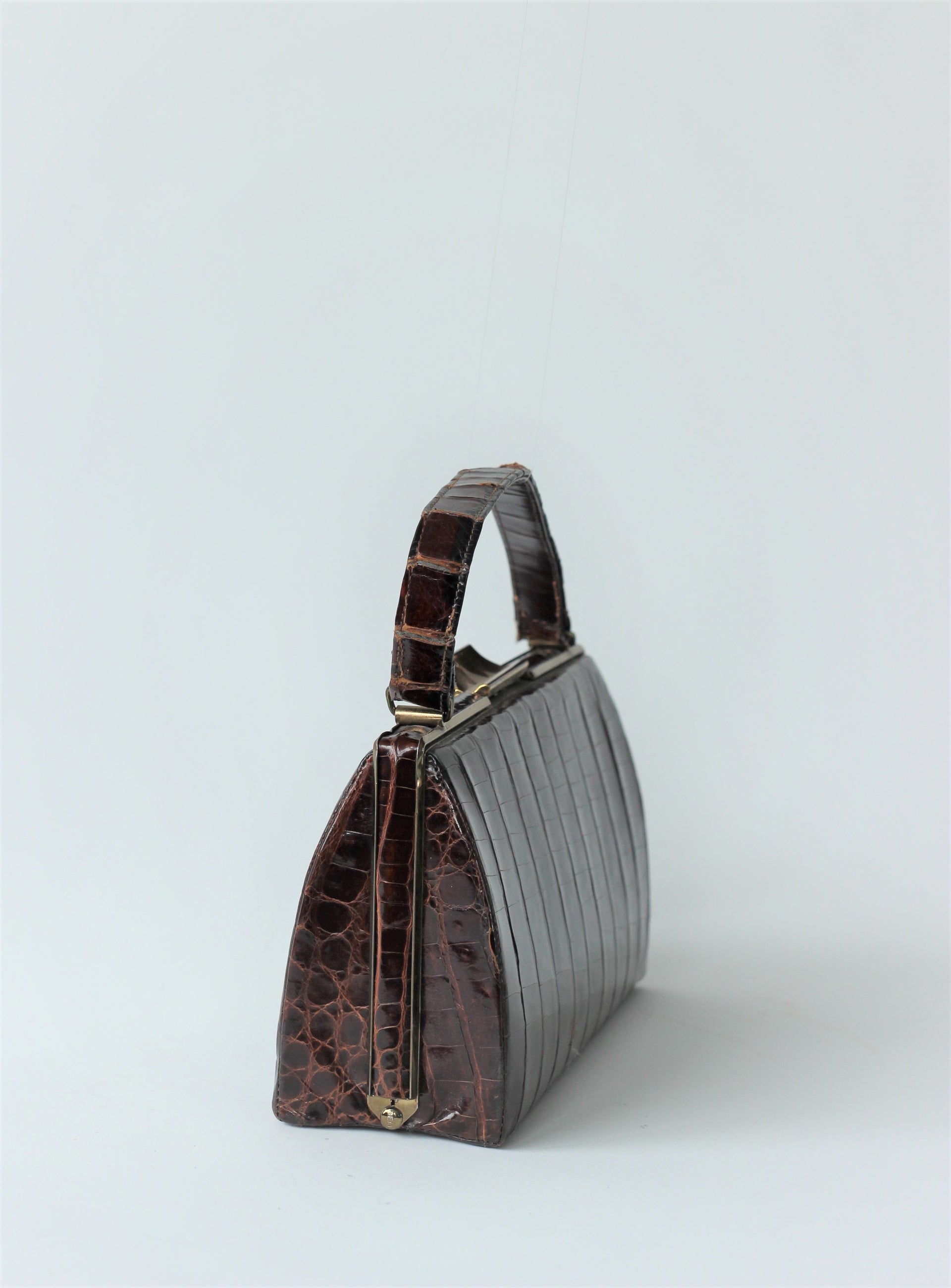 1950s Crocodile Leather Top Handle Bag with Golden Closure