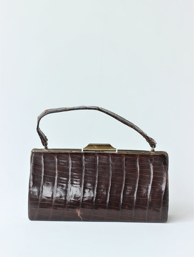 1950s Crocodile Leather Top Handle Bag with Golden Closure