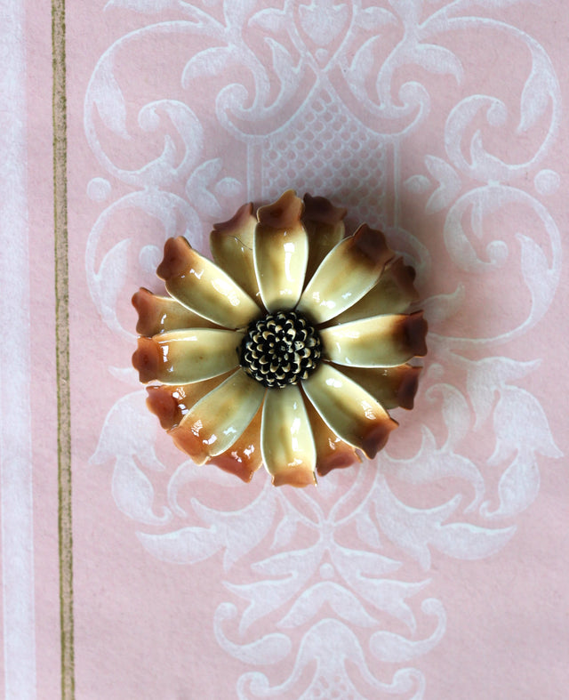 1950s Metal Painted Cream Flower Brooch