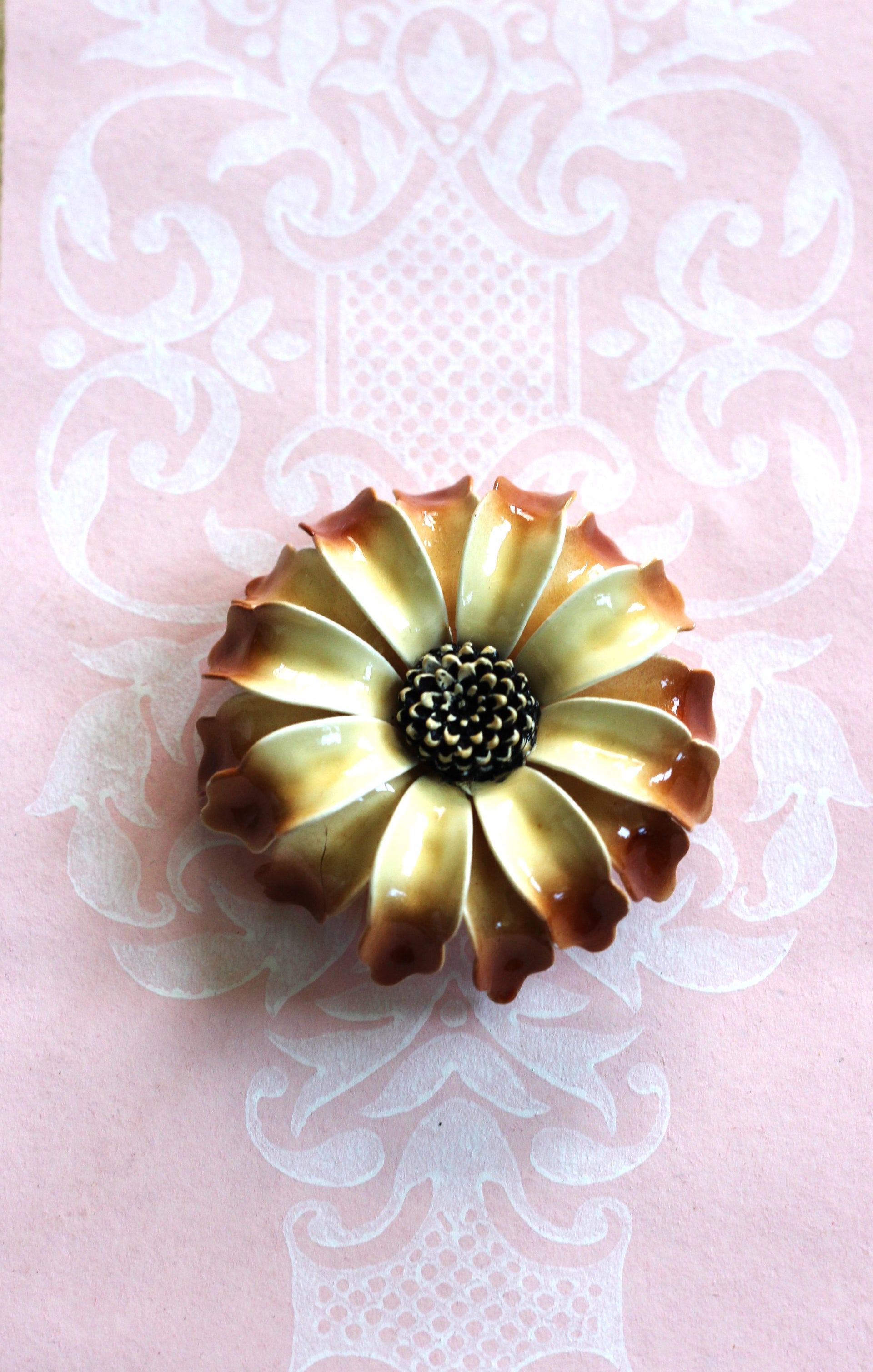 1950s Metal Painted Cream Flower Brooch