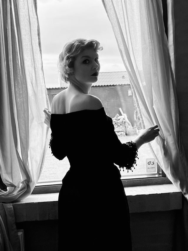 1950s Black Silk Velvet Dress with Glass Beads//Size S