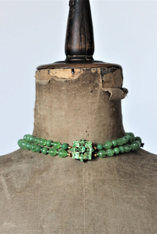 1950s Green Glass Beaded 2 Stand Necklace.