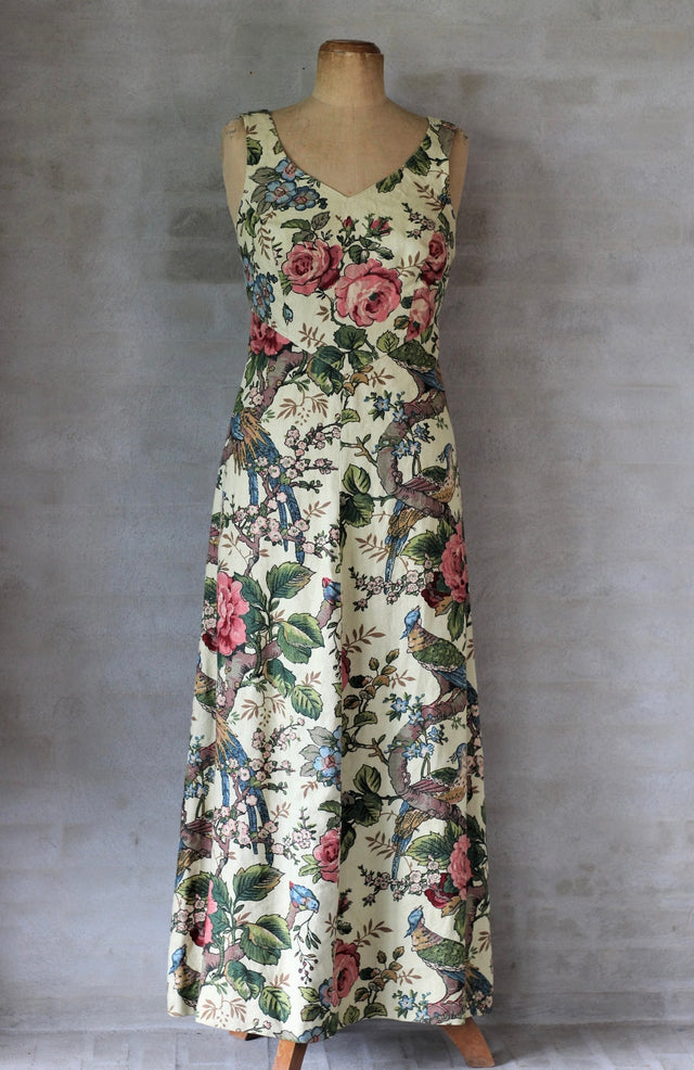 1960s Tailored Damask Linen Maxi Dress with Floral Print//Size S