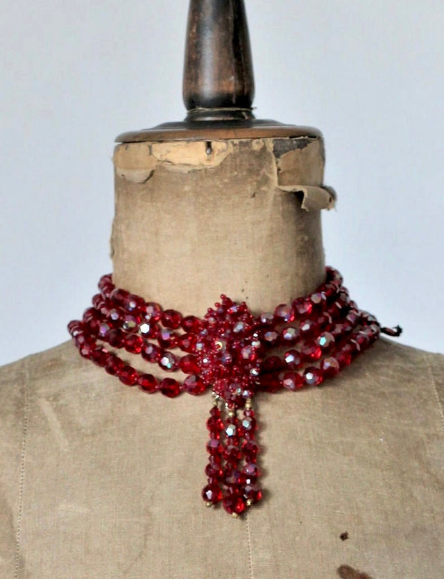 1950s Red Facetet Glass Beaded 4 Stand Necklace.