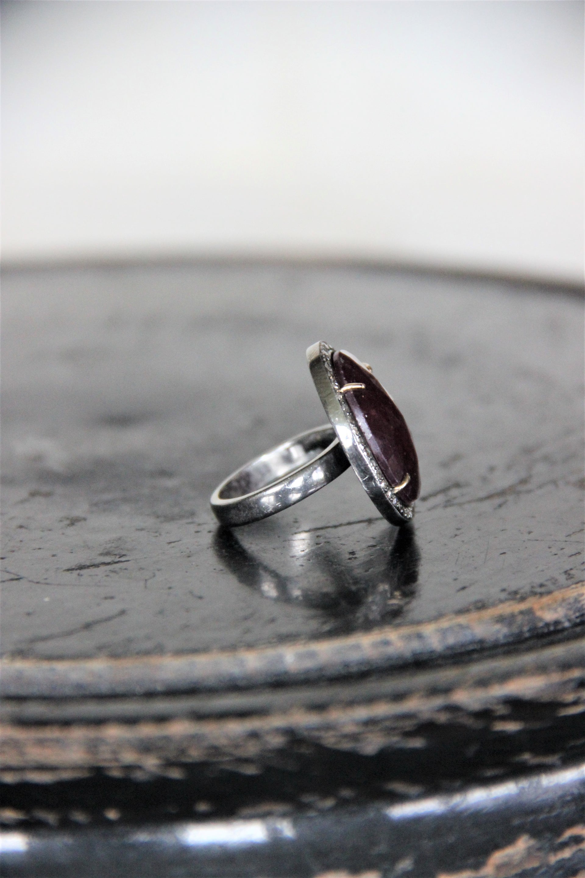 Silver Ring with Red Sapphire and Single cut Diamonds PRE-ORDER