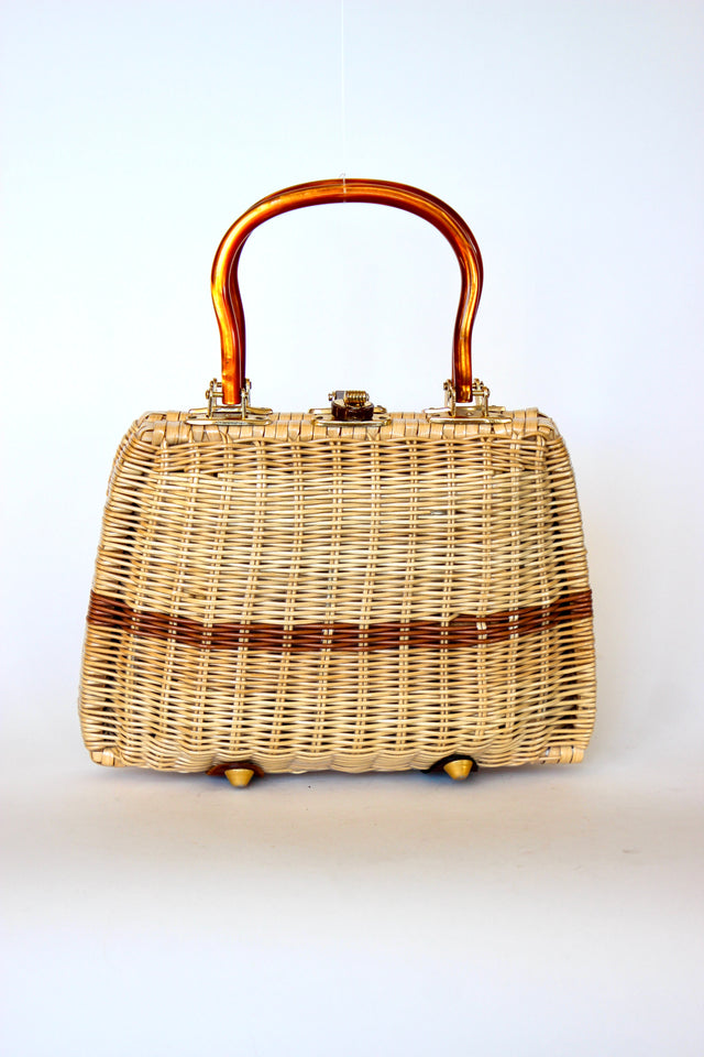 1950s 1960s Straw Top Handle Bag/Purse with Lucite Handle