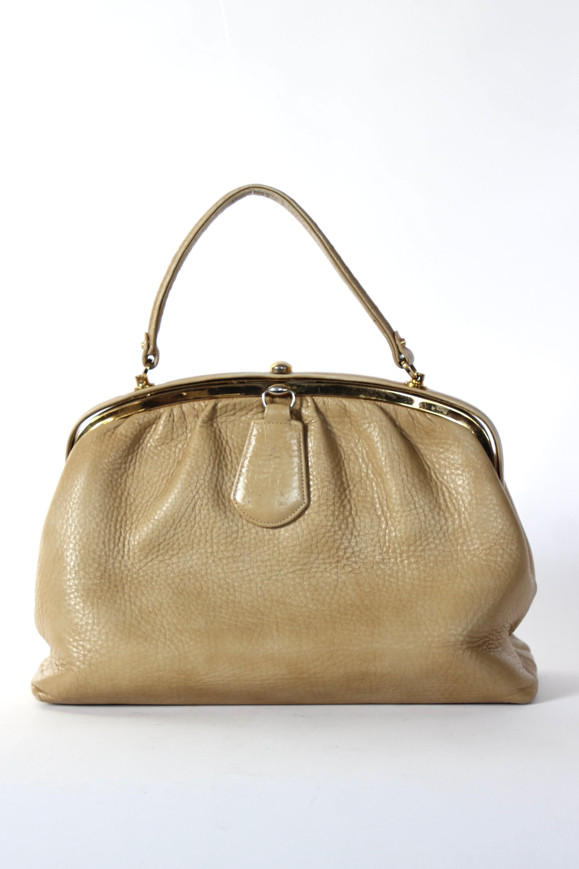 1960s Vintage Beige Leather Top Handle Bag with Green Leather Linen