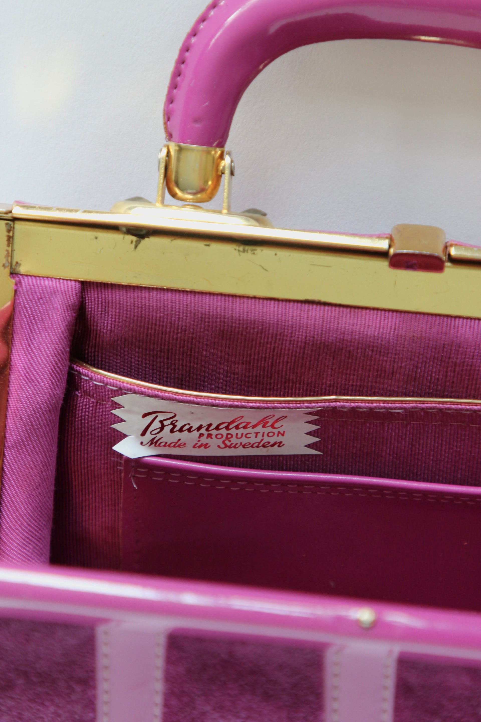 1960s Vintage Purple Sued and Vinyl Top Handle Bag/Purse with Golden Closure.
