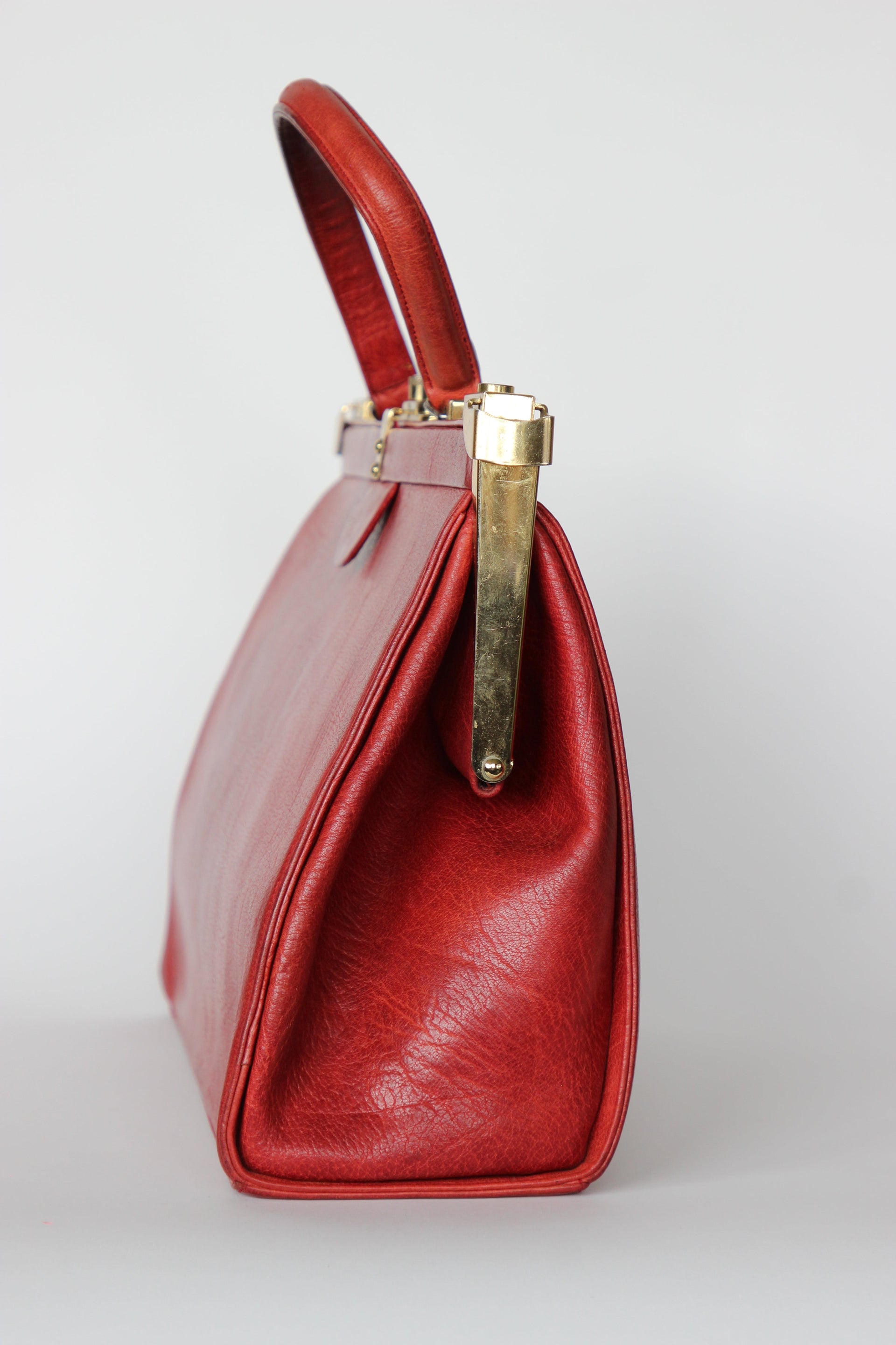 1960s Vintage Large Red Leather Top Handle Bag / Made in France