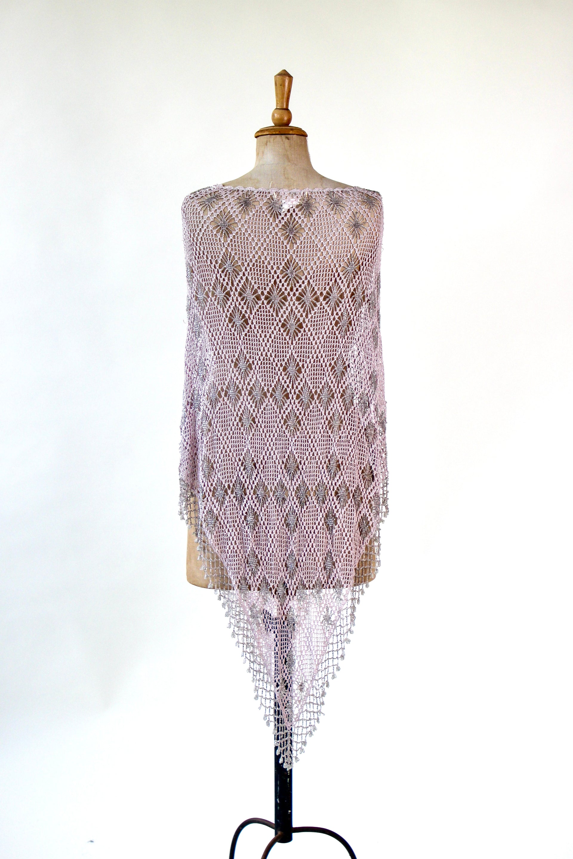 Vintage Pale Pink Beaded Crochet Poncho