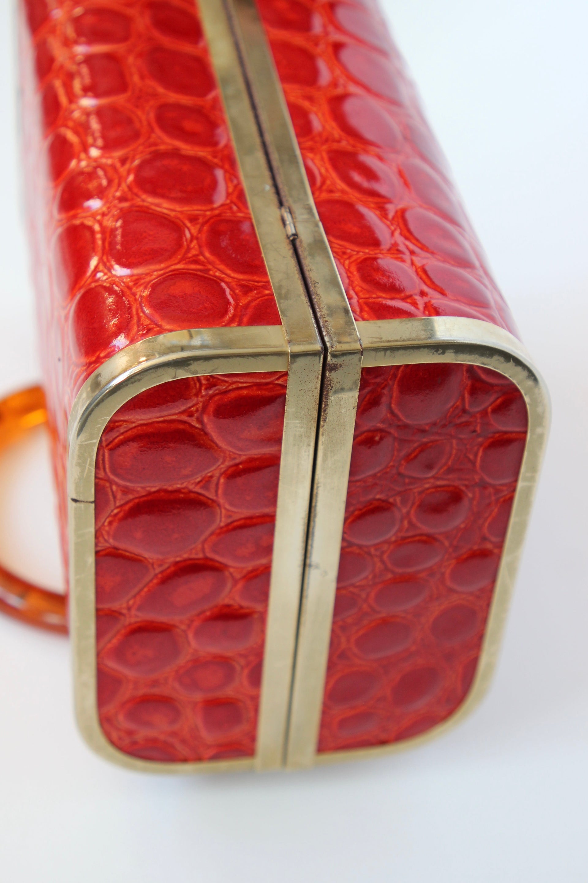 1950s 1960s Bright Red Leather Box Top Handle Bag/Purse