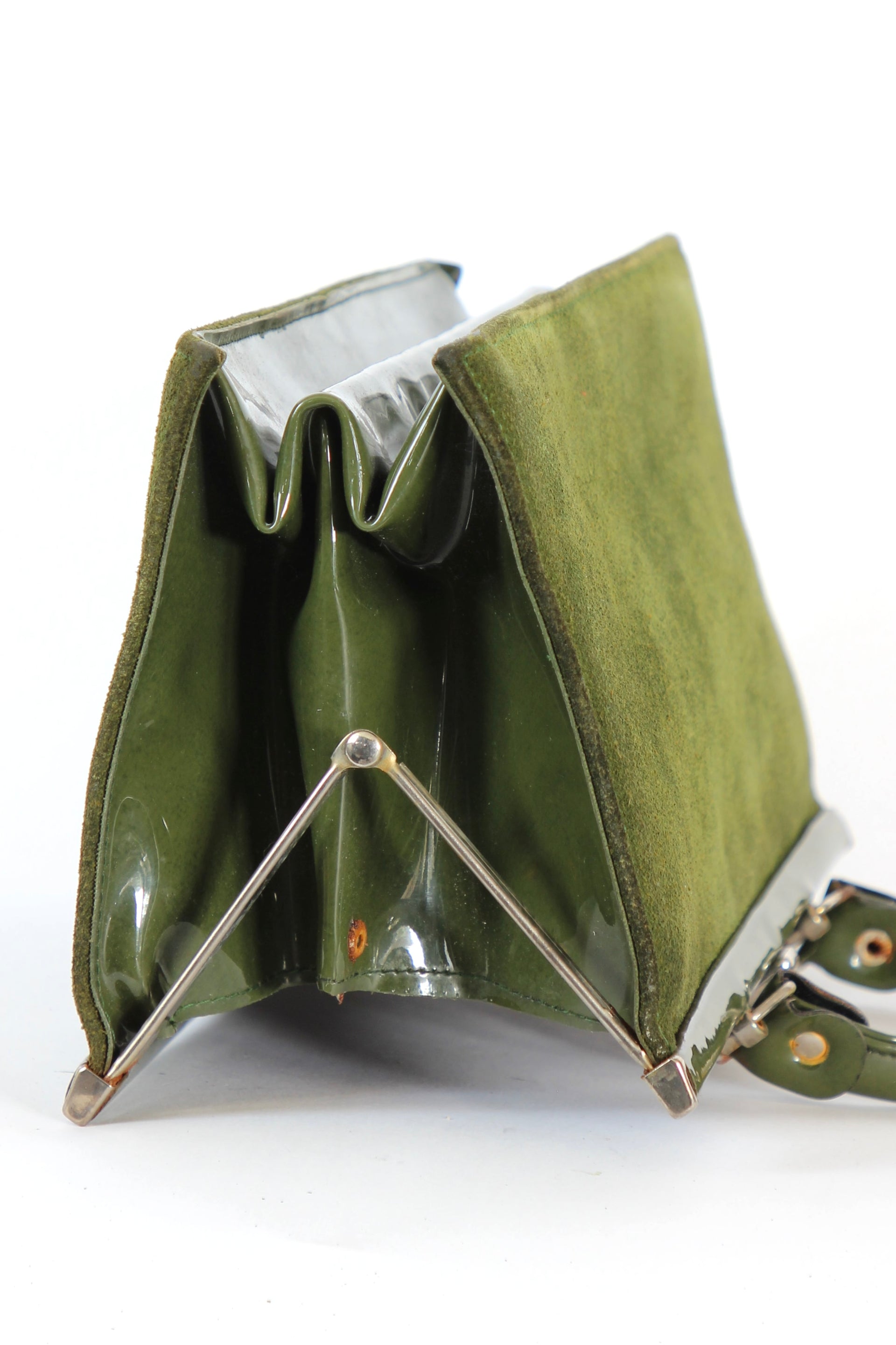 1960s Vintage Green Suede and Vinyl Top Handle Bag