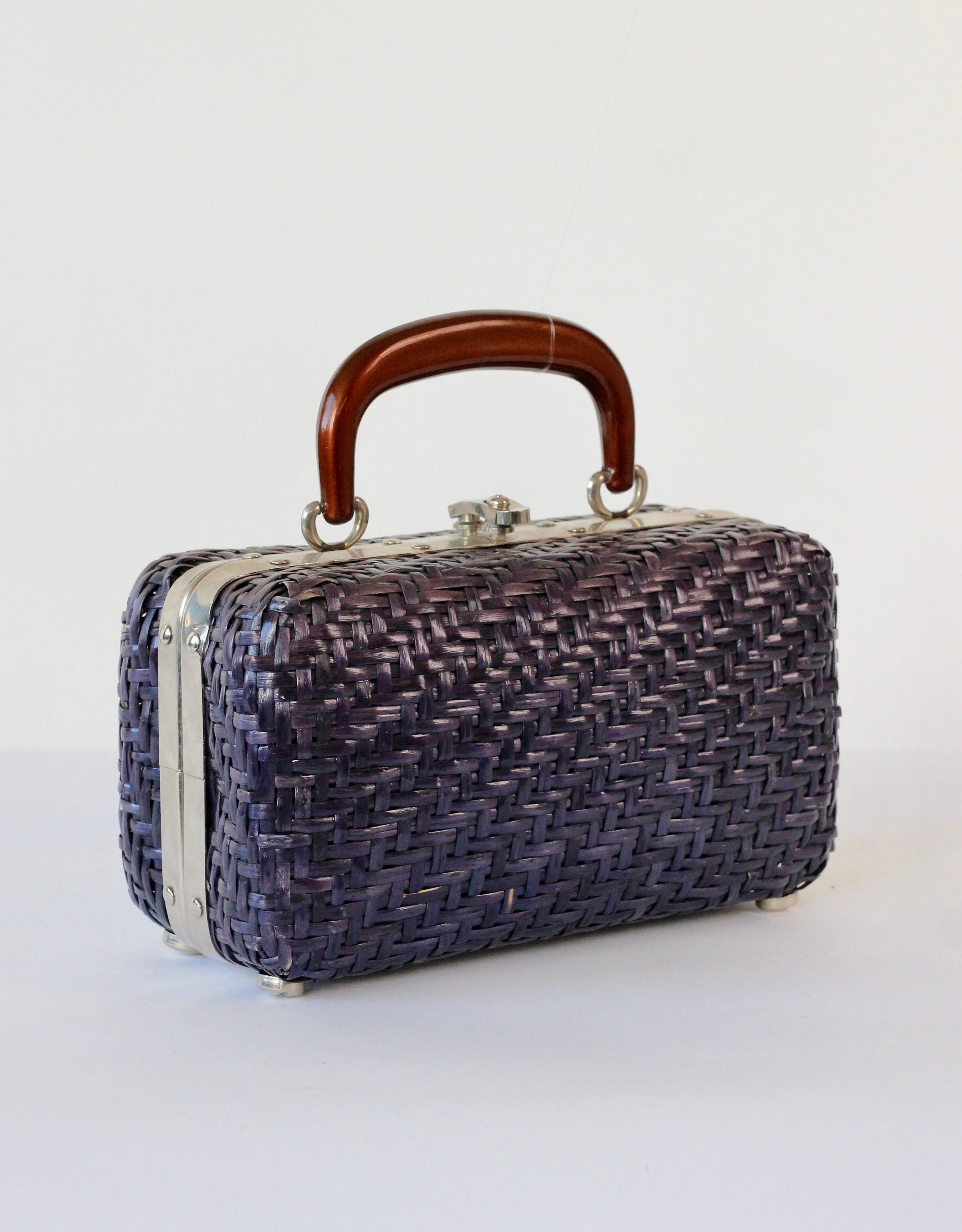 1950s 1960s Purple Straw Box Top Handle Bag/Purse