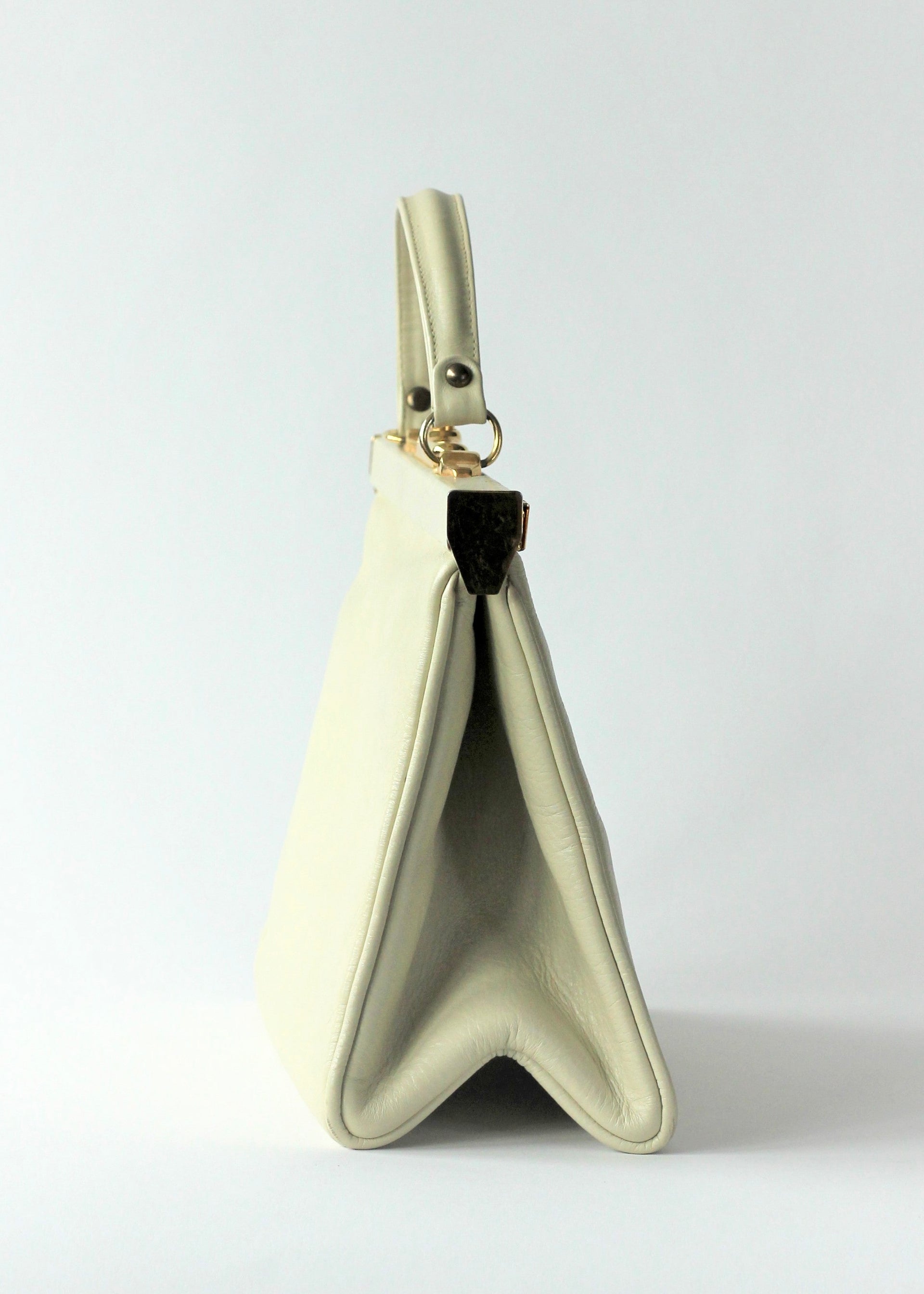 1950S 1960s Ivory Leather Top Handle Bag with Red Linen/Danish Design