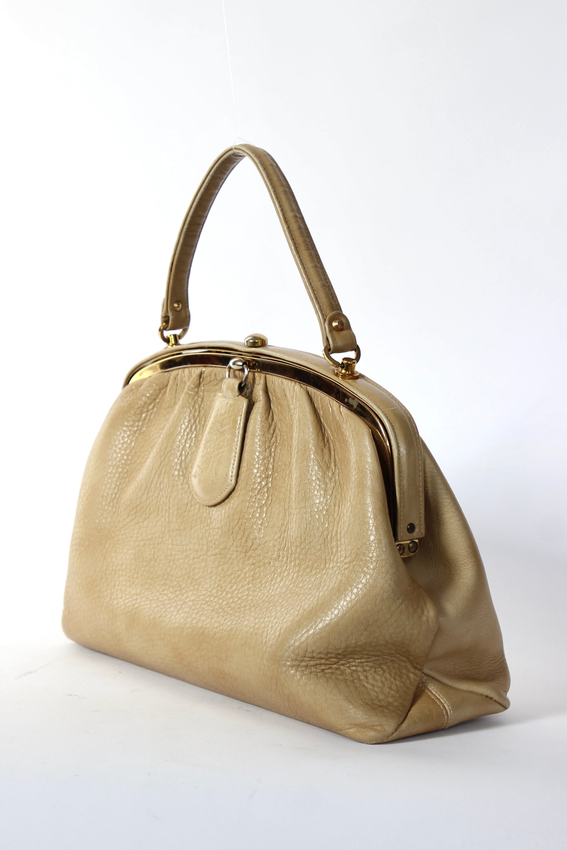 1960s Vintage Beige Leather Top Handle Bag with Green Leather Linen