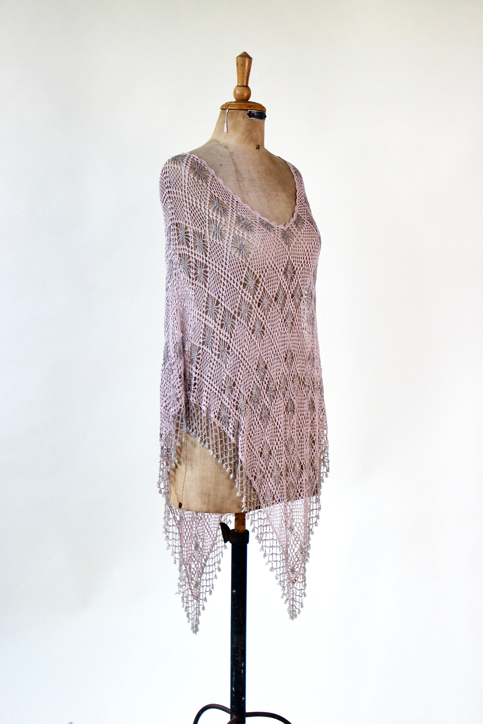 Vintage Pale Pink Beaded Crochet Poncho
