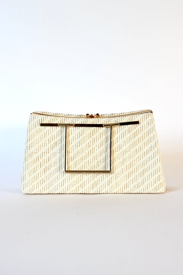 1960s Ivory Straw Top Handle Bag / Purse