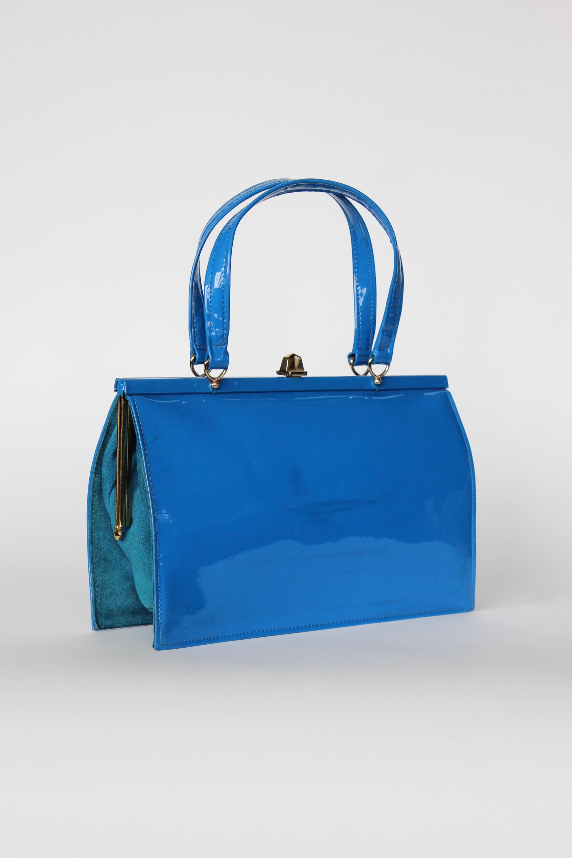 1960s 1970s Vintage Blue Suede and Patent Vinyl Purse Top Handle Bag/Purse