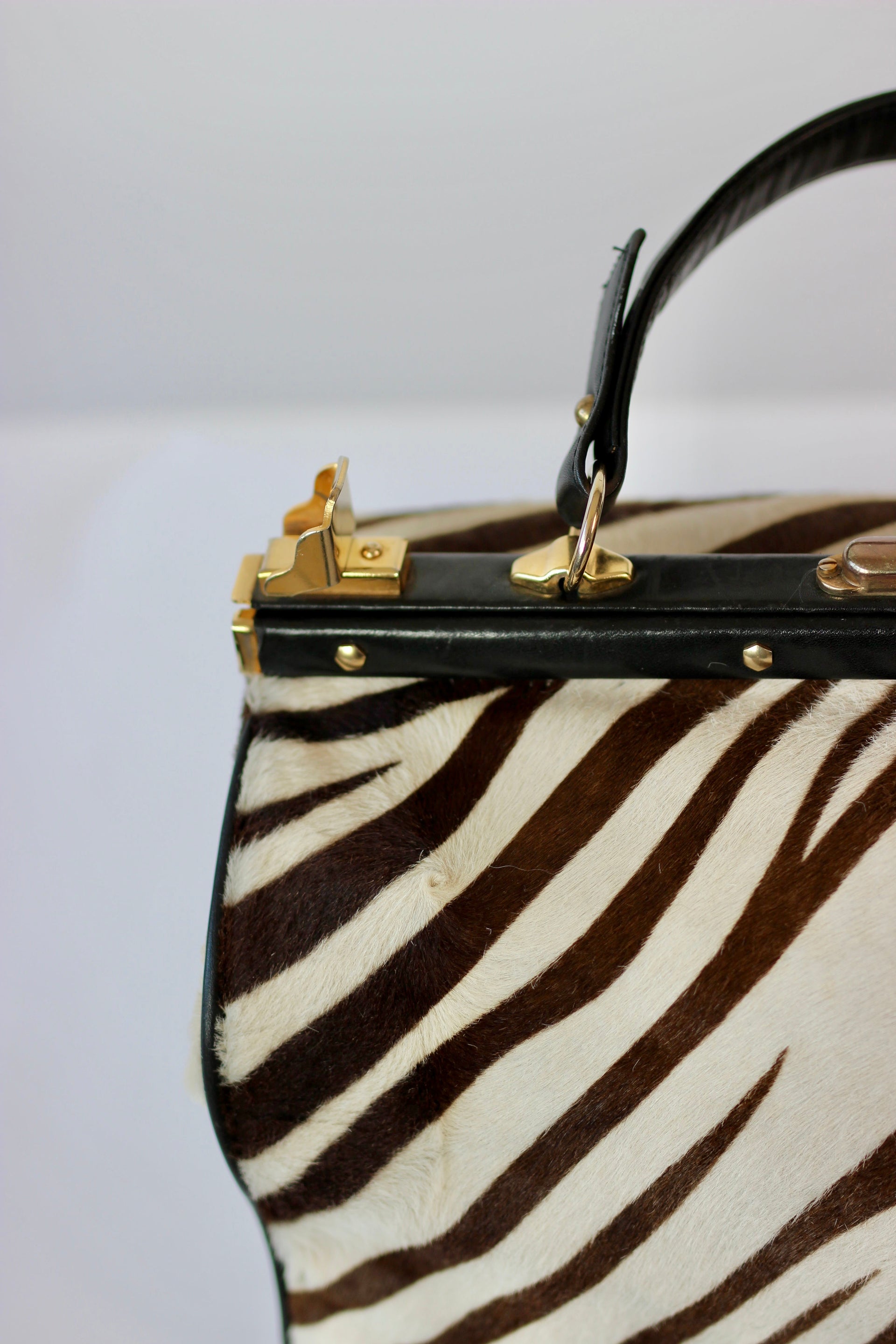 1950S 1960s Black Leather Top Handle Bag with Zebra Pattern Fur//Danish Design