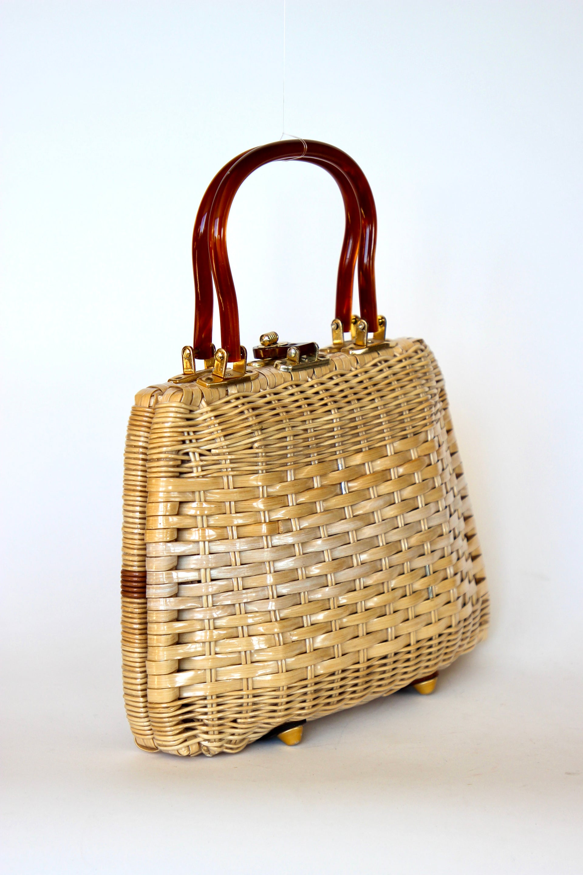1950s 1960s Straw Top Handle Bag/Purse with Lucite Handle