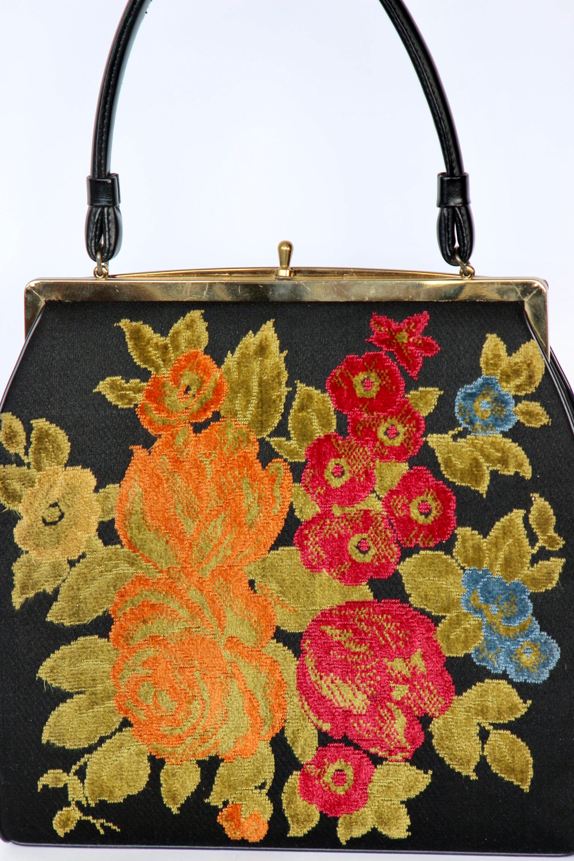 1940s 1950s Vintage Large Black Embroidered Top Handle Bag
