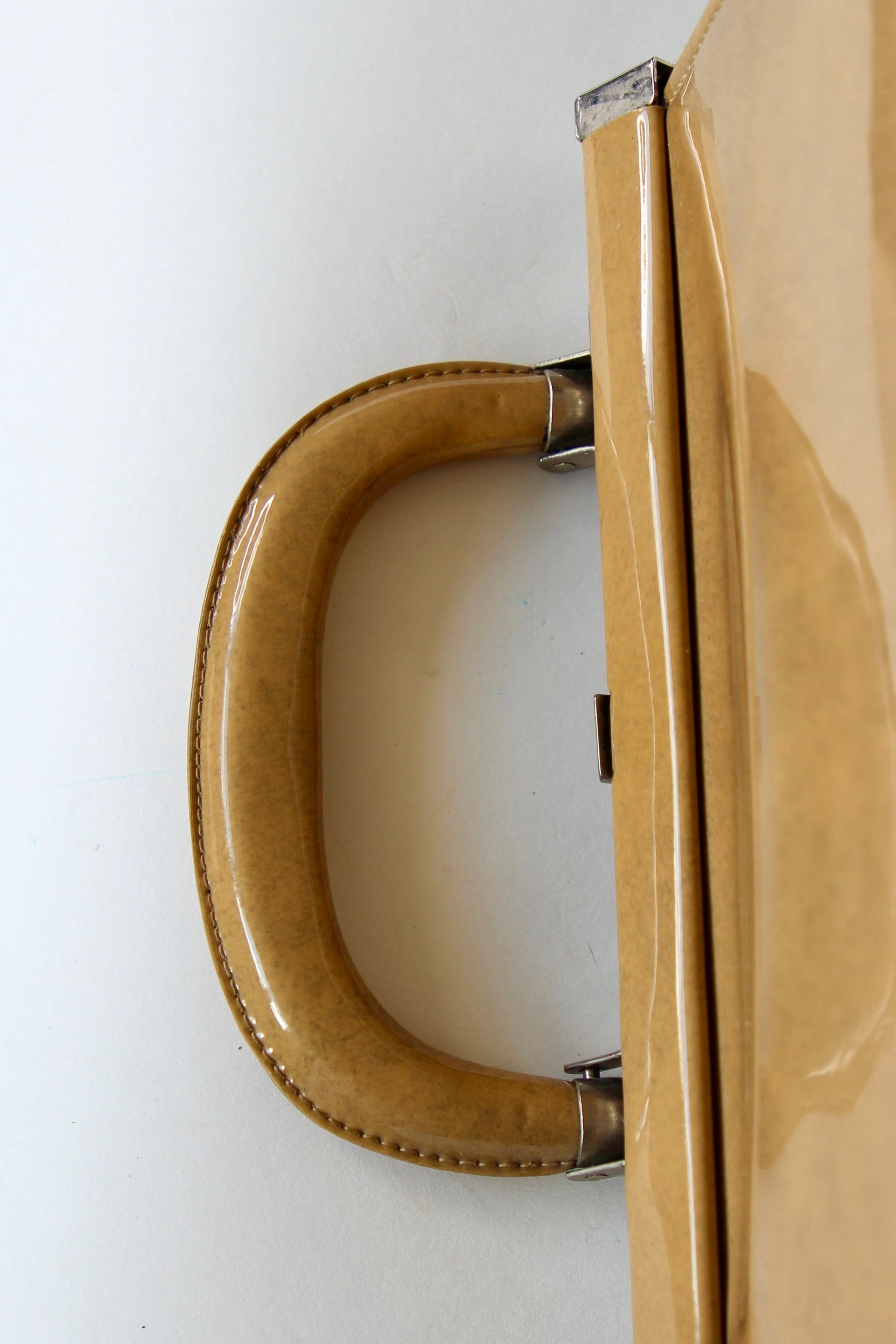 1960s Vintage Beige/Camel Vinyl Top Handle Bag/Purse with Silver Closure.