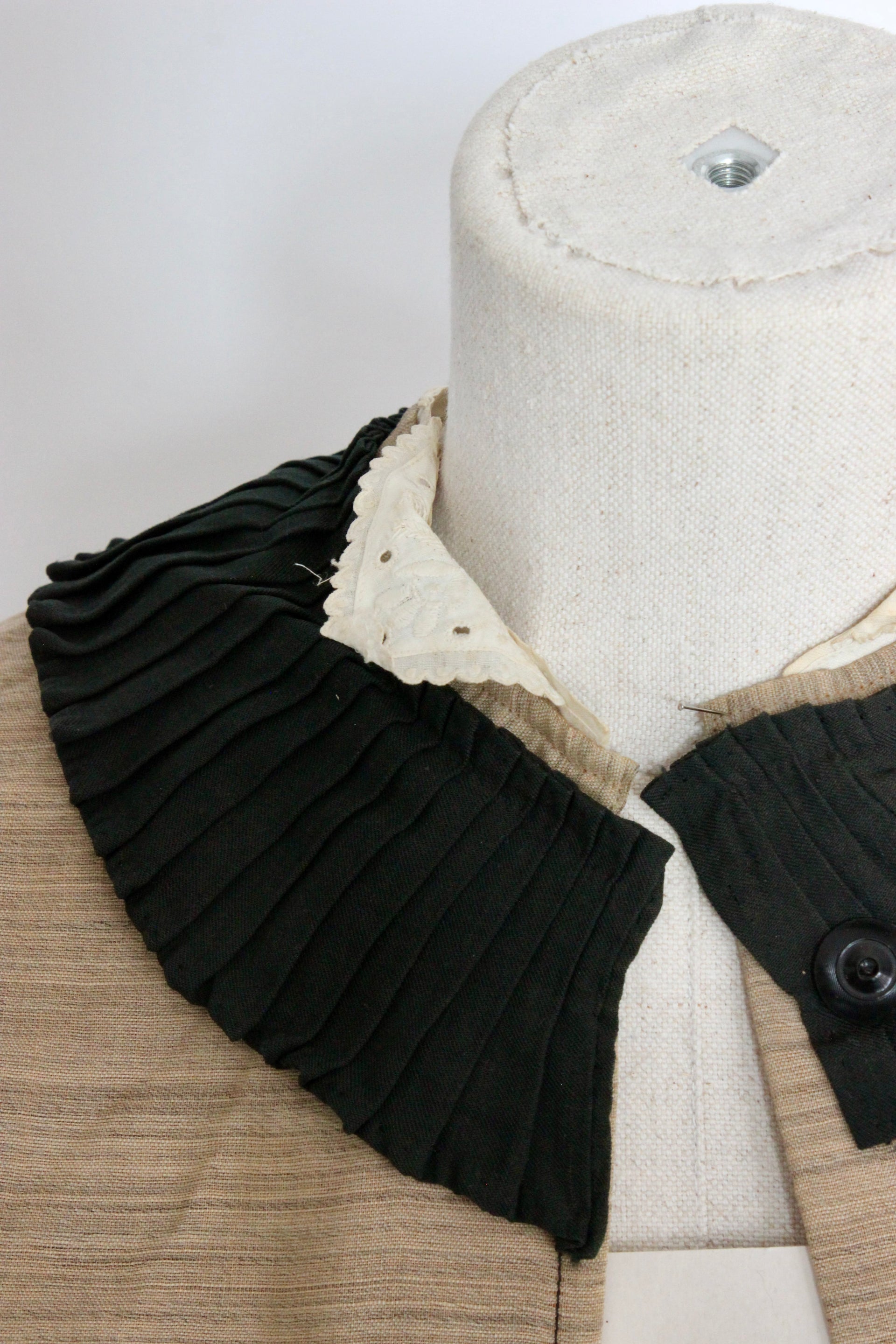 1879s Antique Victorian Beige Jacket with Black Collar and Cuffs Owned by Karin Strandberg, Sweden.