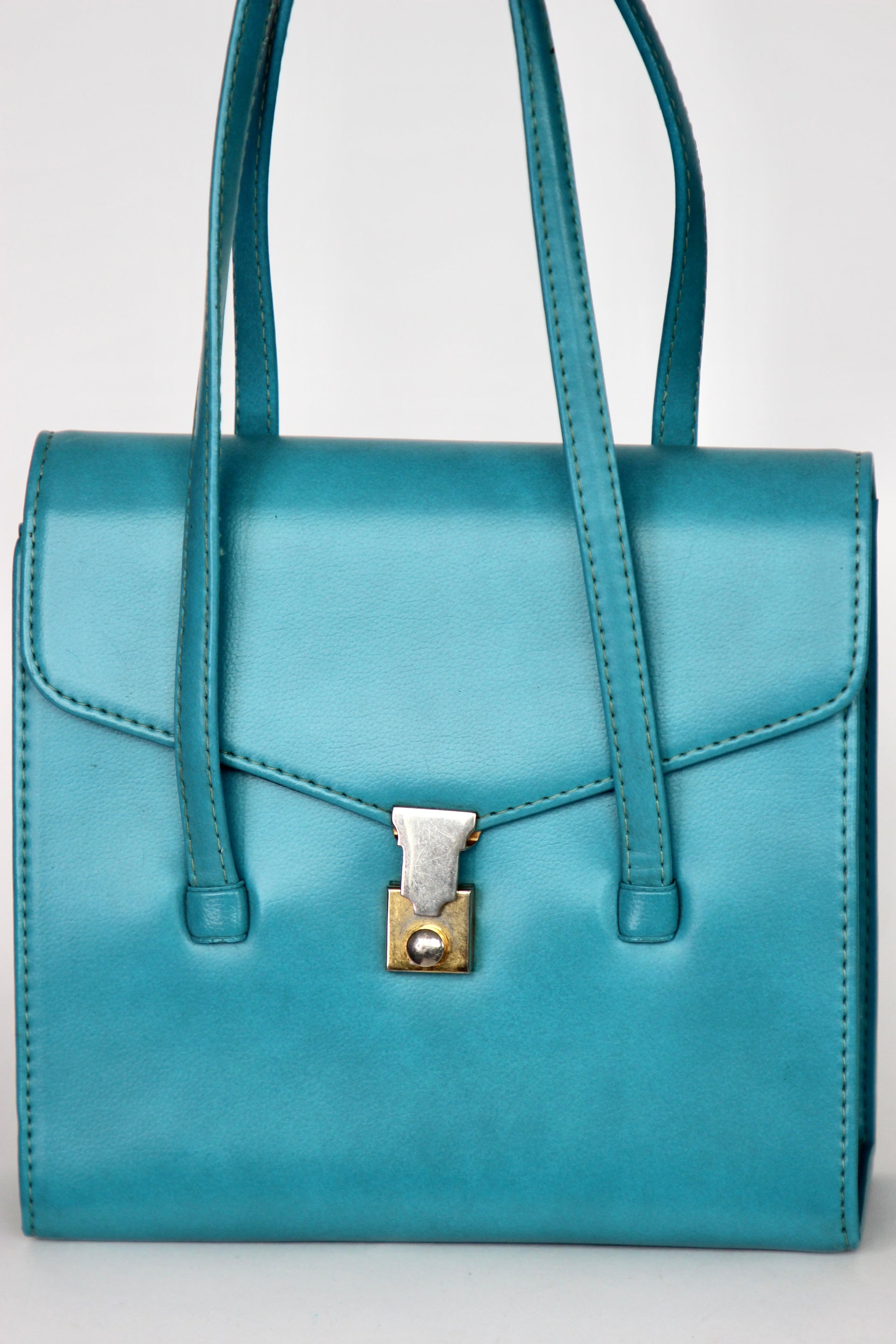 1970s Vintage Blue Vinyl Purse / Top Handle Bag