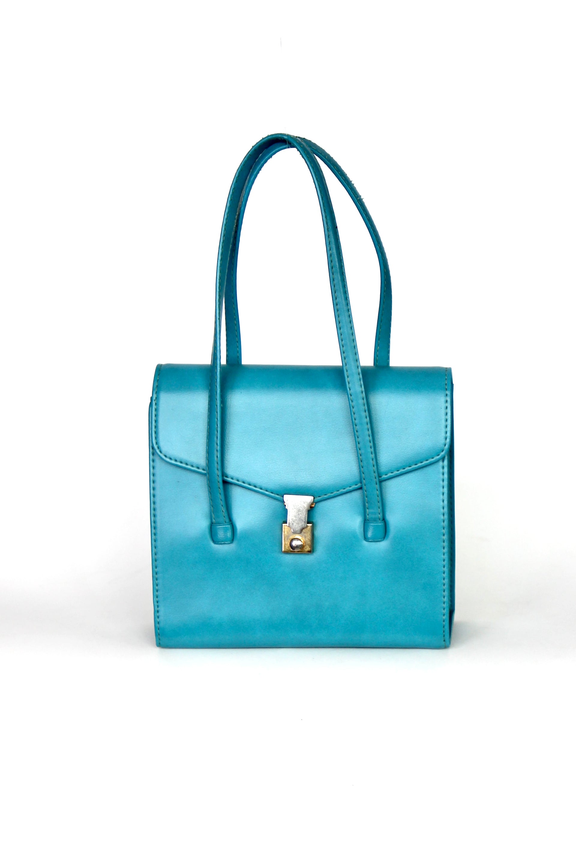 1970s Vintage Blue Vinyl Purse / Top Handle Bag