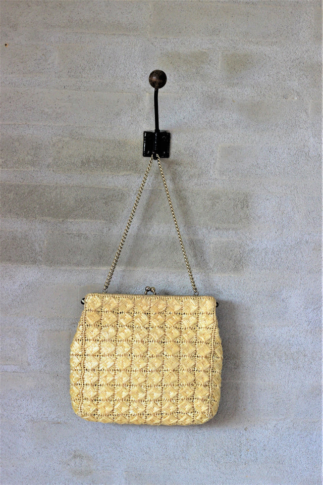 Vintage 1960's Bast Vegan Handbag With Golden Handle