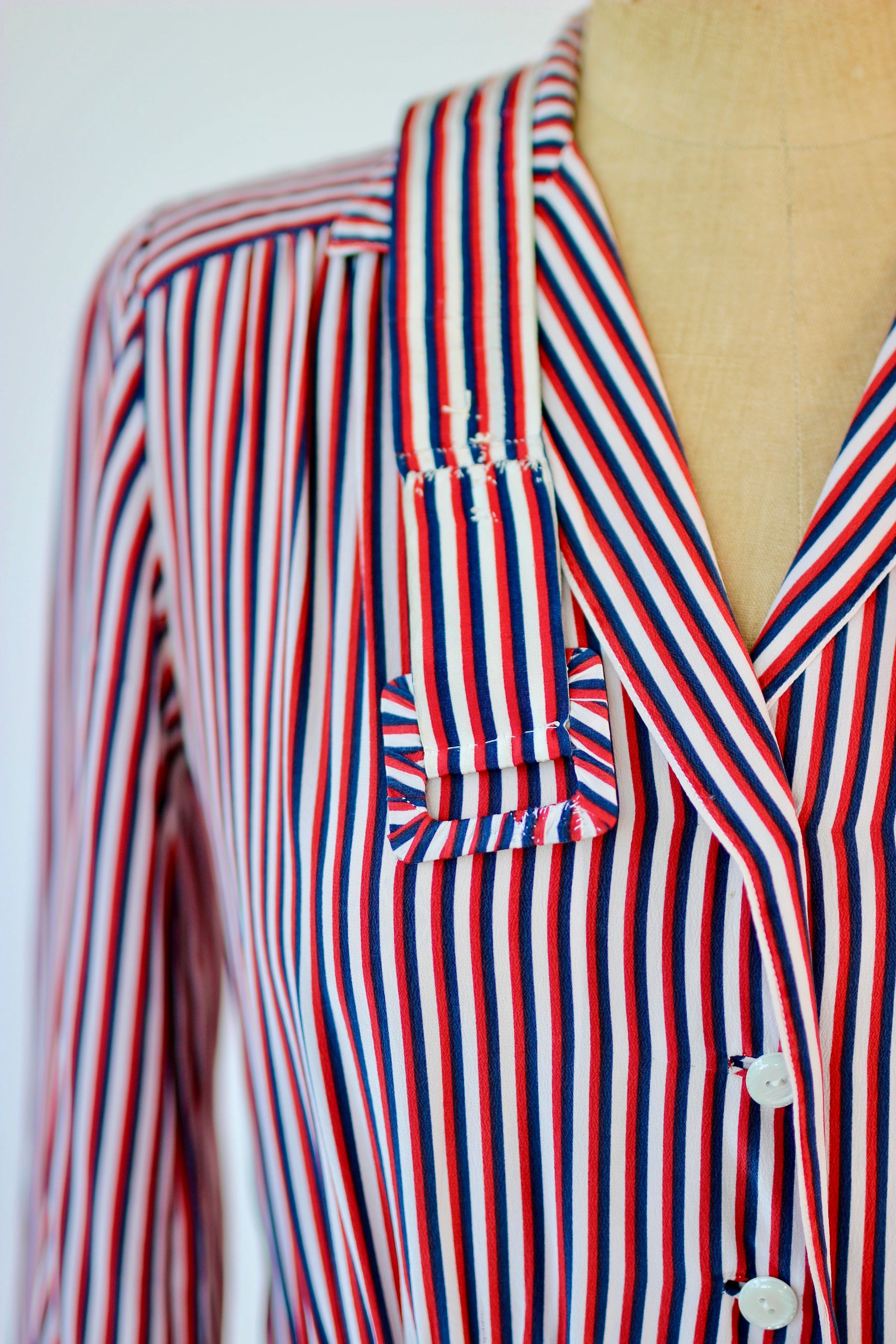 1940s Striped Silk Dress in Red, White and Blue // Size M