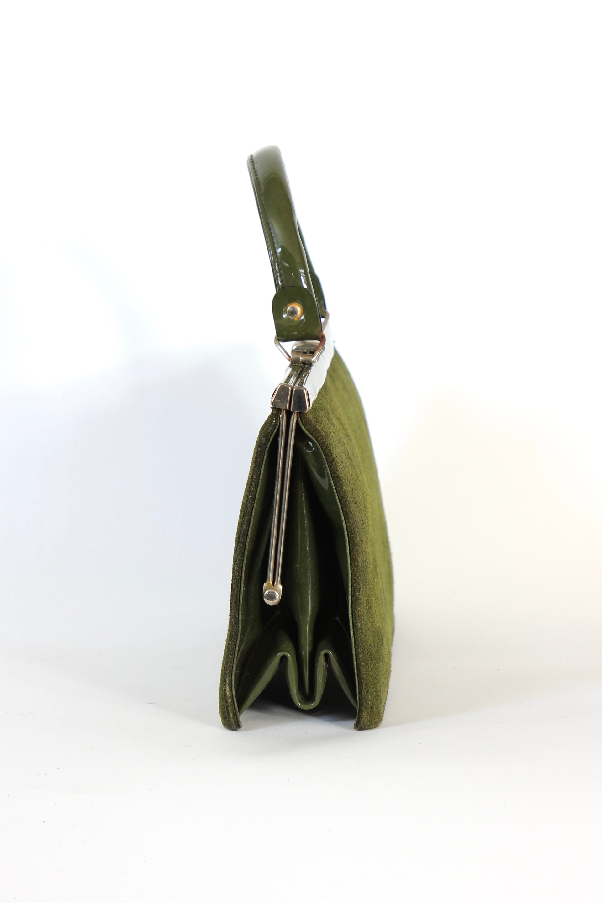 1960s Vintage Green Suede and Vinyl Top Handle Bag