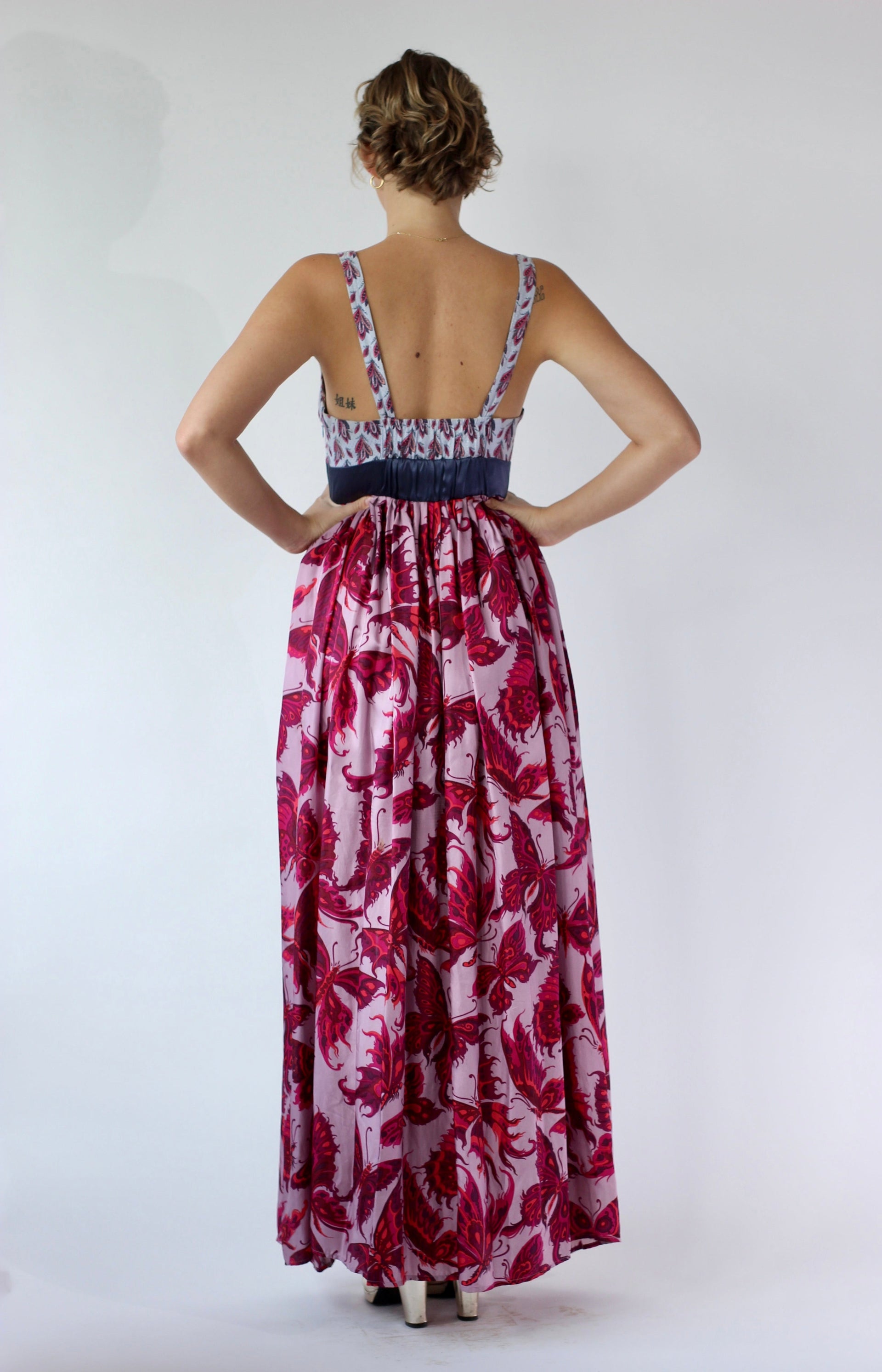 Y2K Purple Silk Maxi Silk Dress//Butterfly Print//Danish Design//Size L/XL